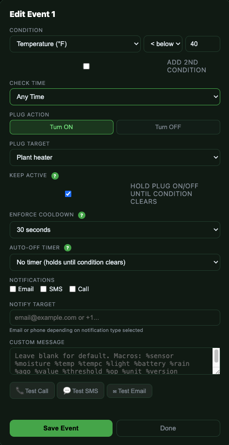 Event editor showing moisture condition, plug action, check time, keep active, auto-off timer and notification setup